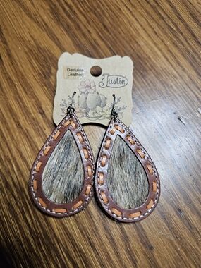Justin Brown and Tan Leather Teardrop Earrings with Hide Center